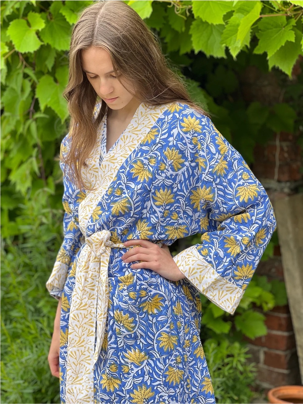 NWT Lime Tree Design Full Length Cotton Kimono Jaipur Blue & Yellow - Picture 10 of 11